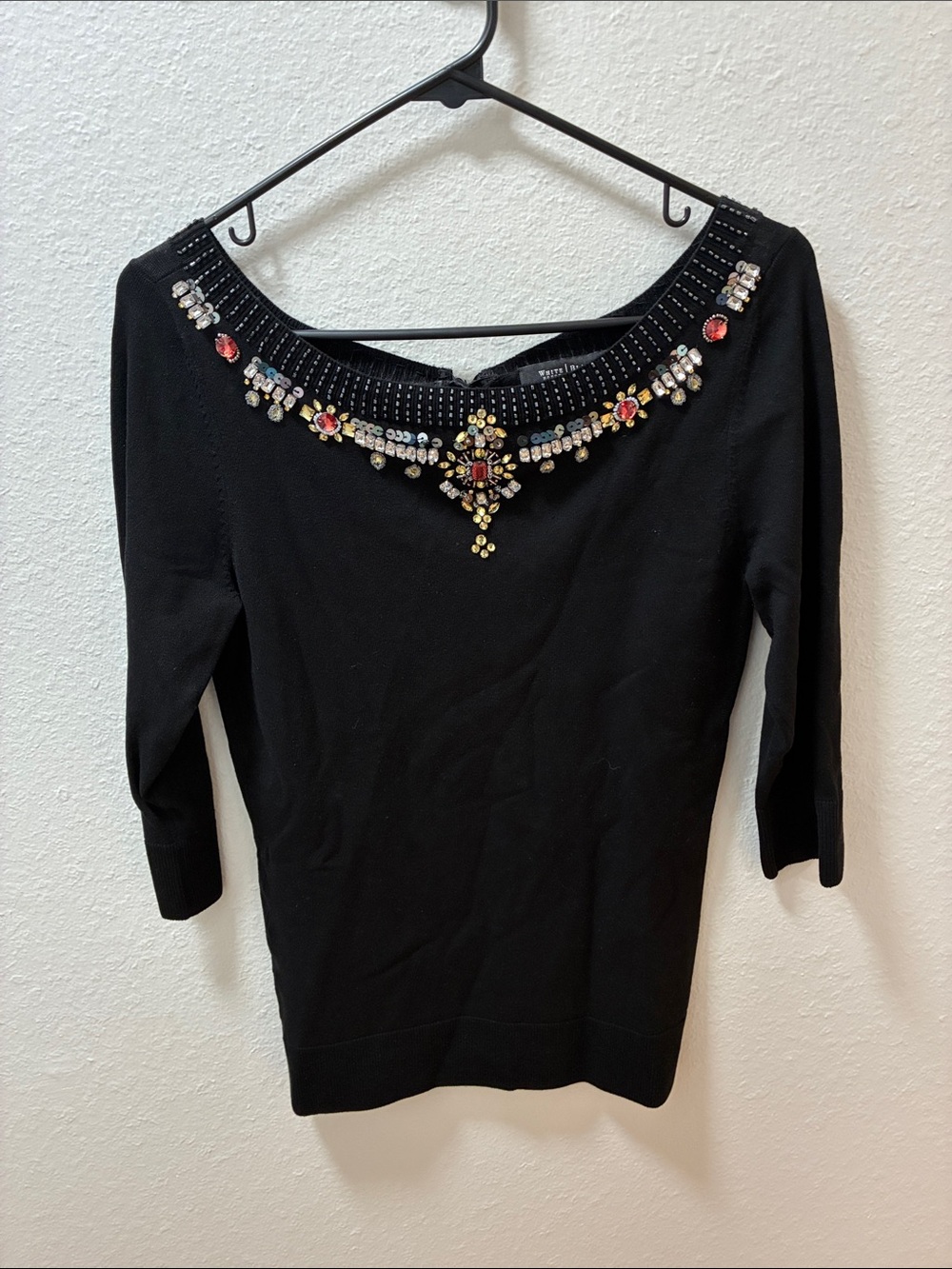 White House Black Market Black Off-Shoulder Sweater with Jeweled Collar